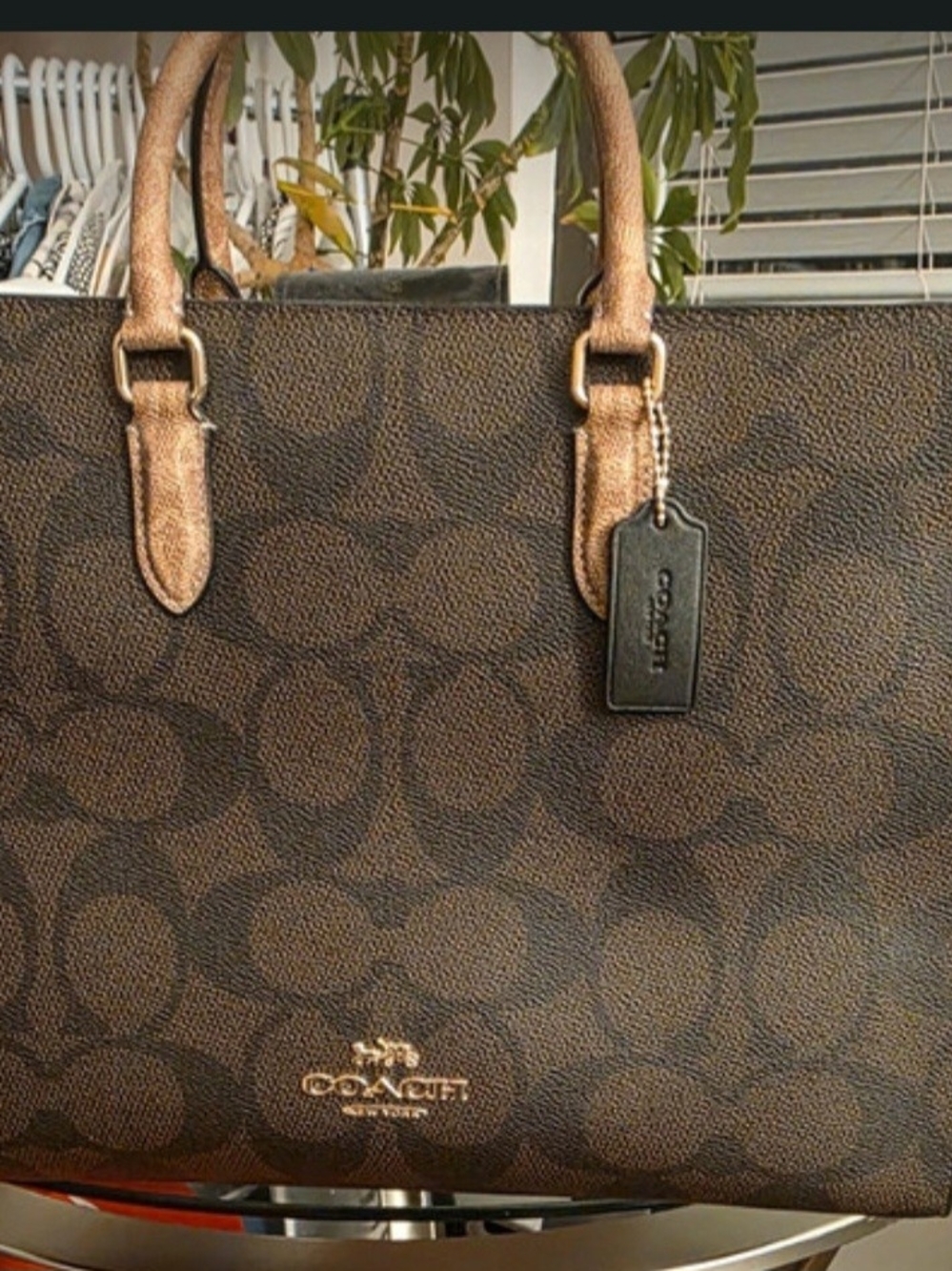 Coach Brown/Black Maggie Signature Tote with Leather Handles